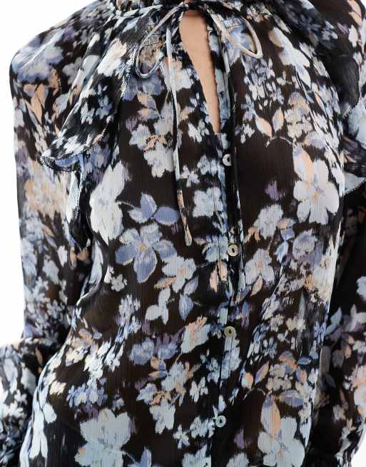 Mango floral tie neck blouse in black, 3 of 4