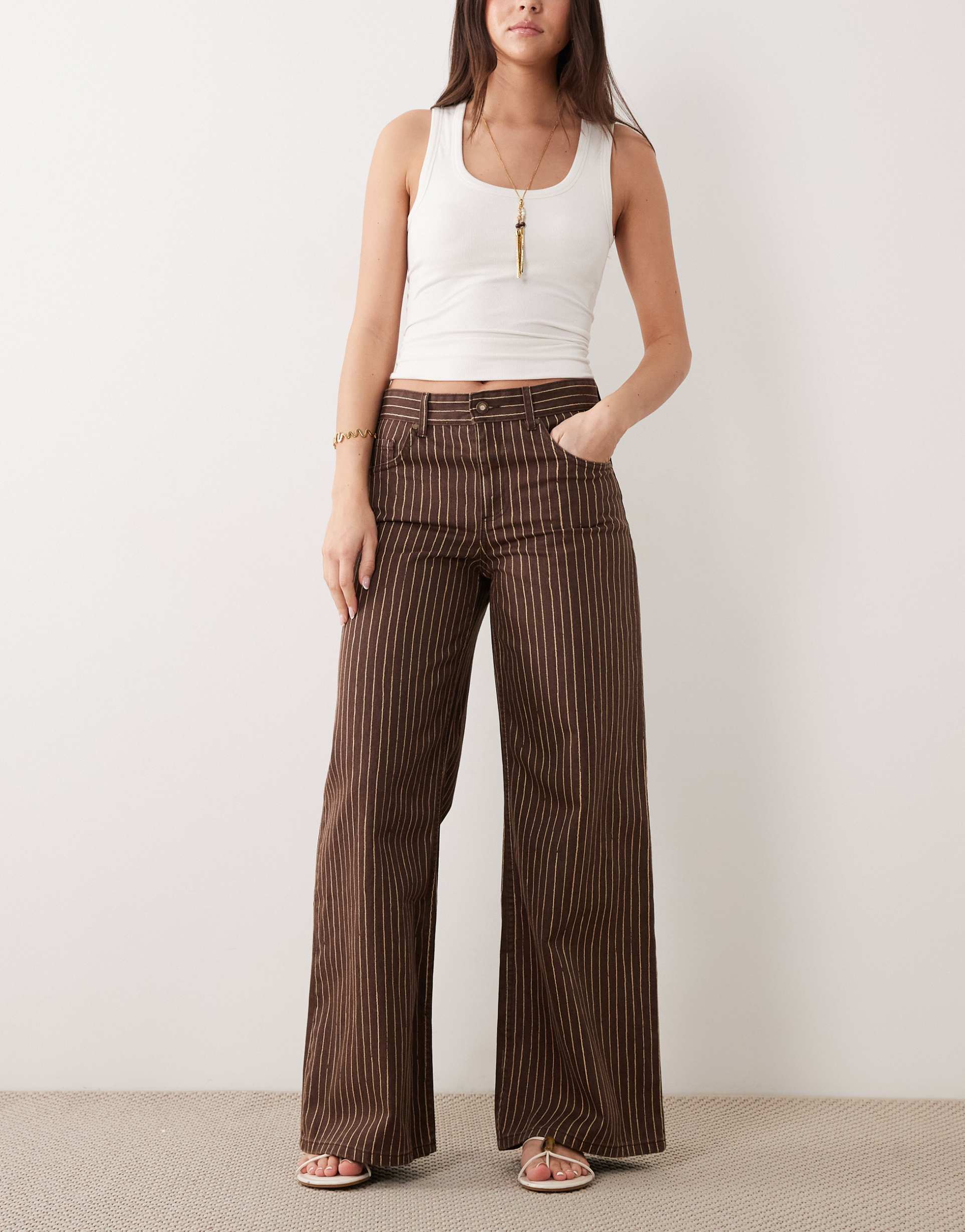 mango florchi 100% cotton straight leg jeans in brown stripes