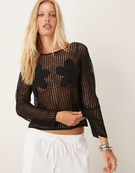 Mango flower placement knitted top in black - view 1