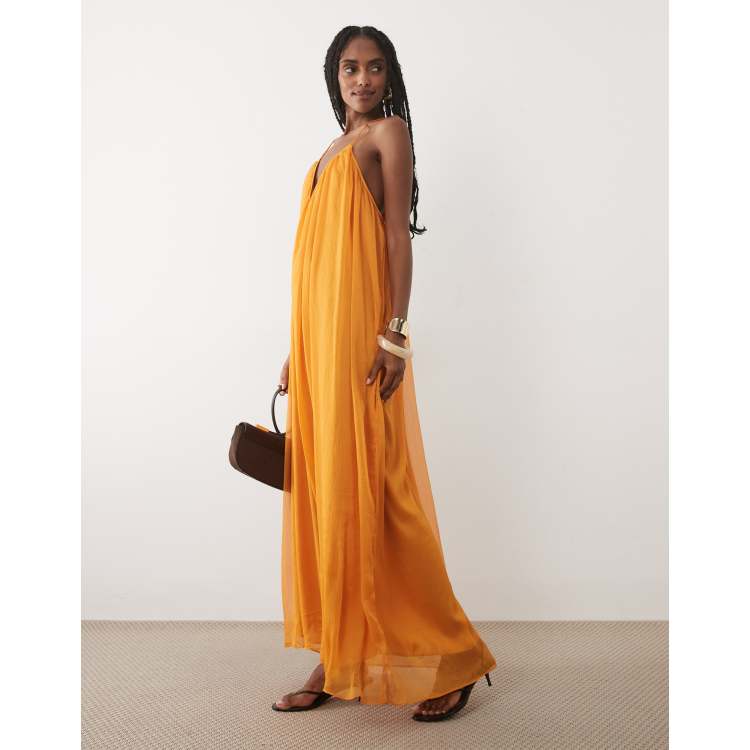 flowy orange dress Fairy Sundress, Wedding Guest Dress, Orange Flowy Dress, Floor Length Dress, Plus Size Kaftan Dress, Full Length Dress, Womens Clothing