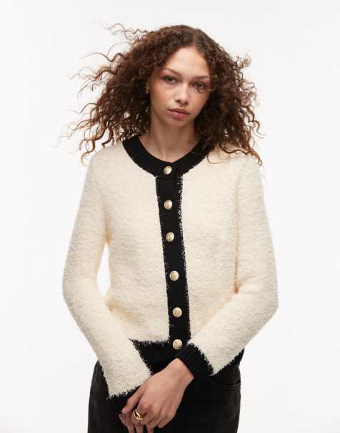 Mango fluffy cardigan in cream and black