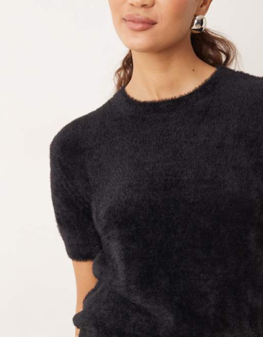 Mango - Fluffy gebreide top met korte mouwen in zwart, 2 van 4