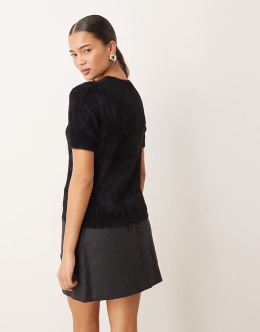 Mango - Fluffy gebreide top met korte mouwen in zwart, 3 van 4