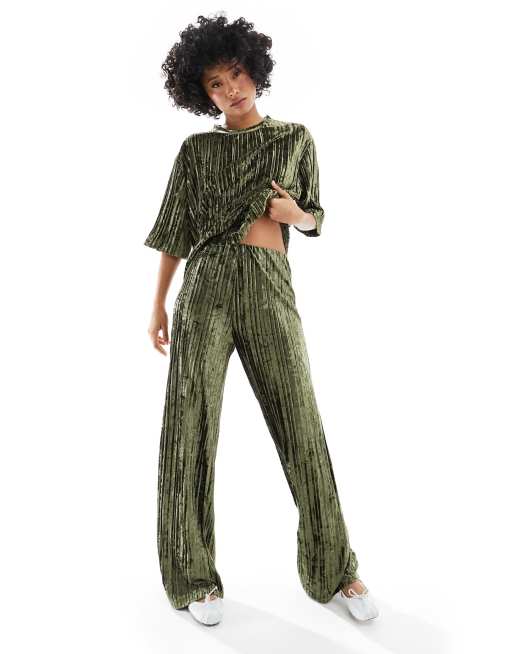 Mango - Fluwelen plissé broek in groen, deel van co-ord set