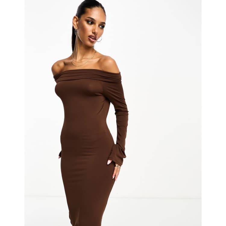 Mango fold over long sleeve bodycon midi dress in brown