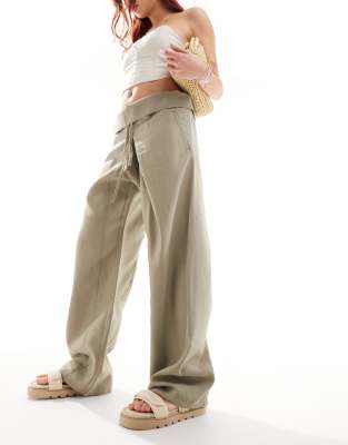 Mango Wideleg Trousers With Turn-up Waist Forest Green In Green