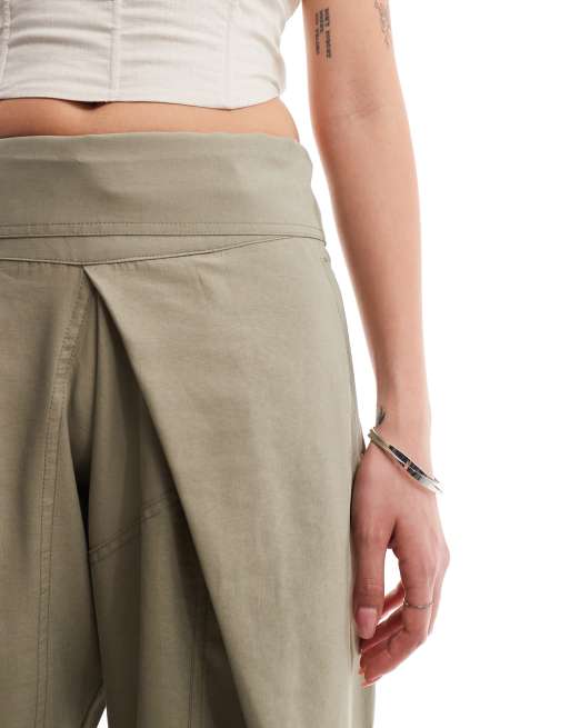Mango fold over straight leg trousers in khaki, 2 of 5
