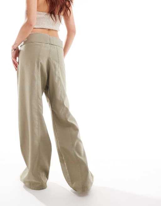 Mango fold over straight leg trousers in khaki, 4 of 5