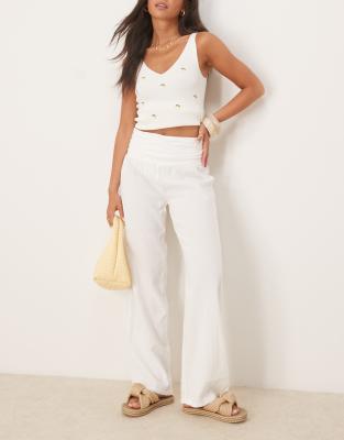 fold over waist straight leg pants in white