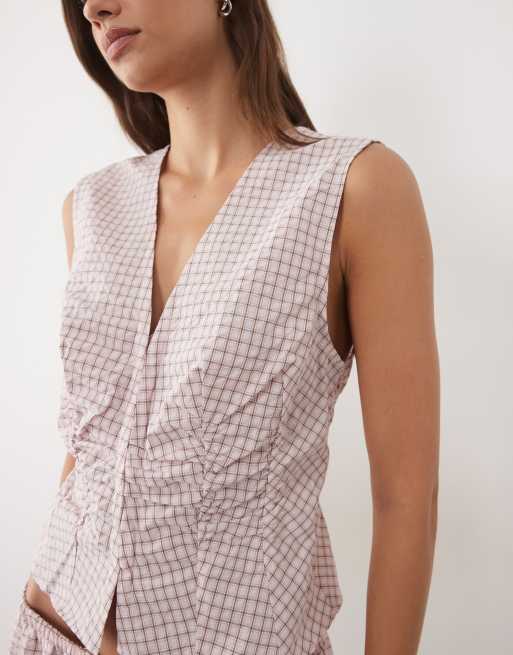Mango Franchy sleeveless top co-ord in pink check, 3 of 4