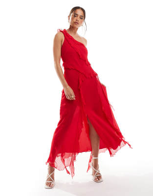 frayed one shoulder midi dress in red