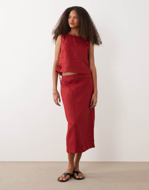 Mango - Fred - Midirok van 100% linnen in rood, deel van co-ord set - view 1