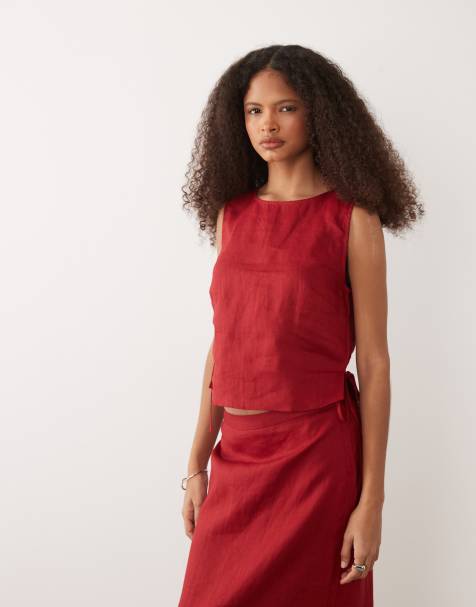 Mango - Fred - Top d'ensemble sans manches en pur lin - Rouge - view 1