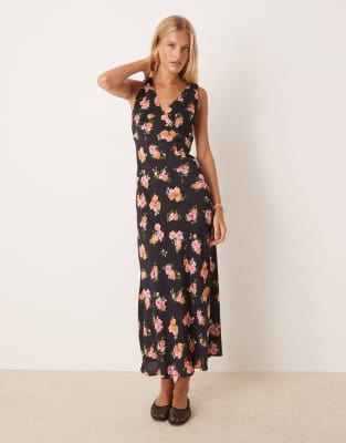 Mango - Freizeitkleid mit Blumenmuster auf dunklem Hintergrund und V-Ausschnitt-Schwarz