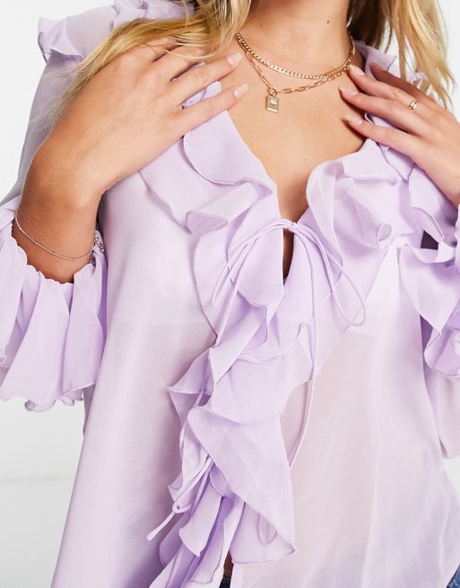 Mango frill detail 90s blouse in lilac