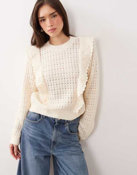 Mango frill detail fine knitted top in cream - view 1