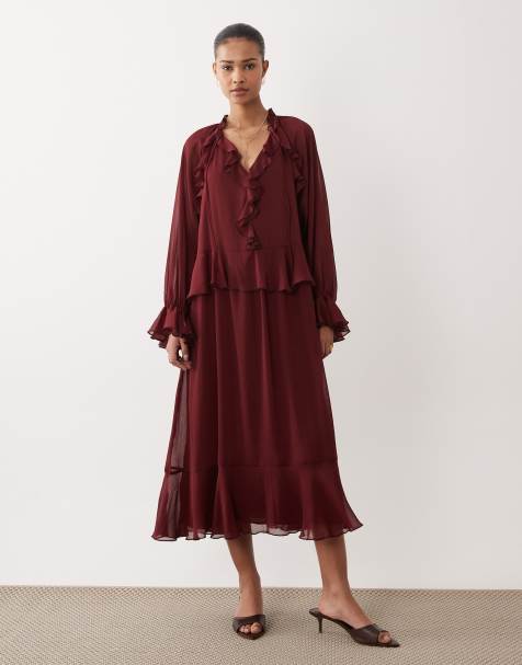 Mango frill detail long sleeve maxi dress in fig - view 1