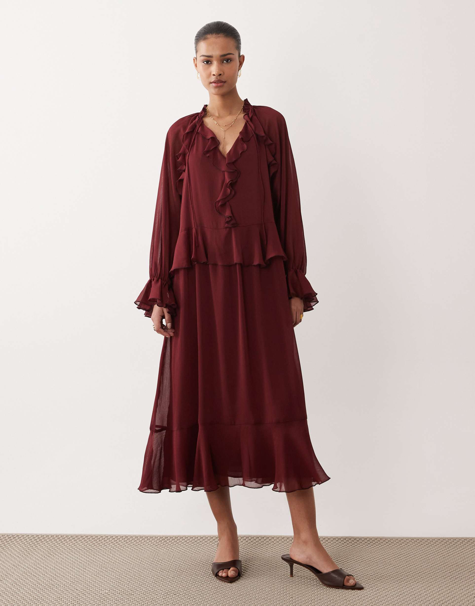 mango frill detail long sleeve maxi dress in fig