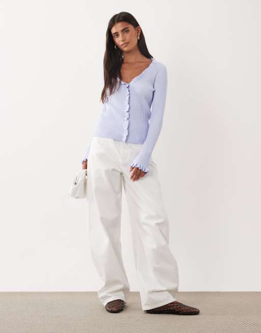 Mango frill detail v neck cardigan in blue, 2 of 4
