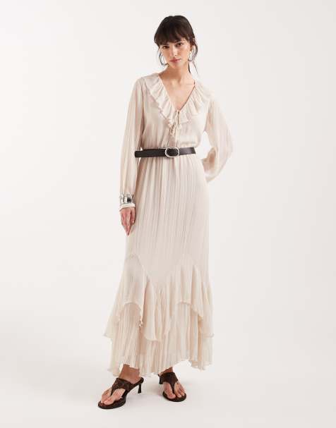 Mango frill detailing plunge neck maxi dress in natural - view 1