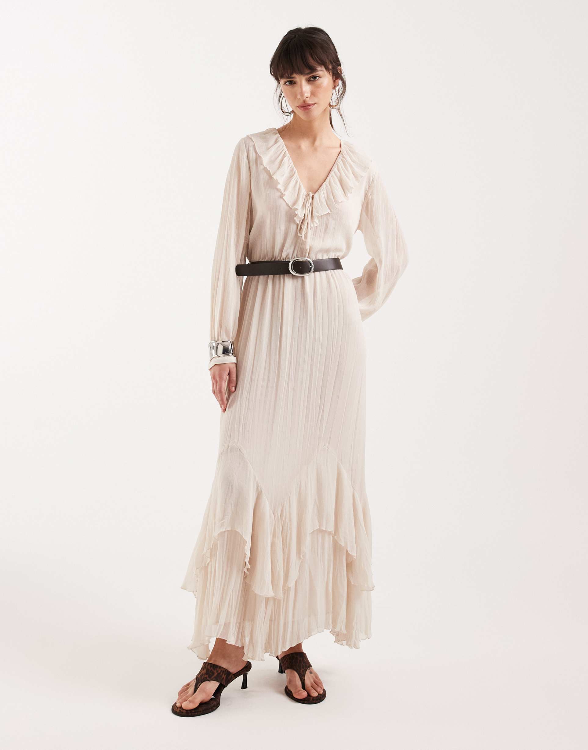 mango frill detailing plunge neck maxi dress in natural