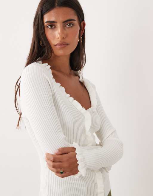 Mango frill detailing v-neck cardigan in cream, 3 of 4
