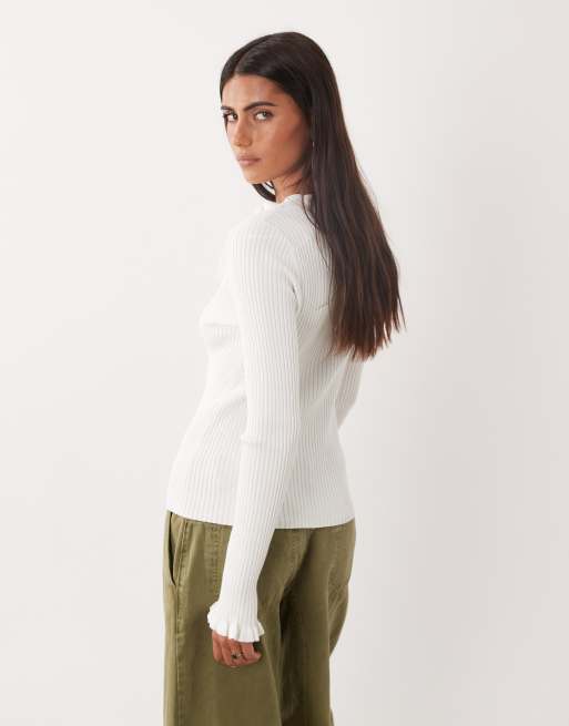 Mango frill detailing v-neck cardigan in cream, 4 of 4
