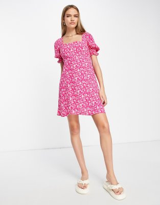 Mango frill sleeve detail mini dress in pink floral