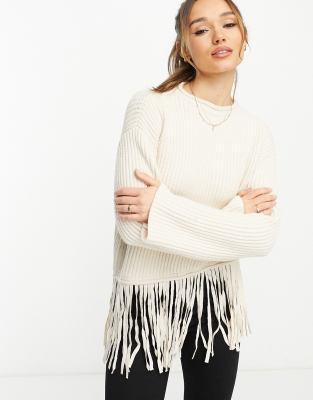 Mango fringe detail high neck jumper in cream