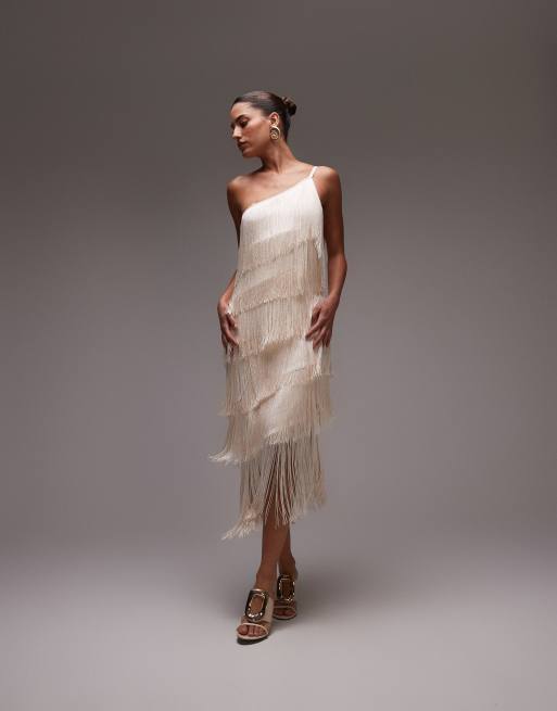 Mango fringe one shoulder maxi dress in white | ASOS