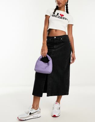 Mango front split denim midi skirt in black