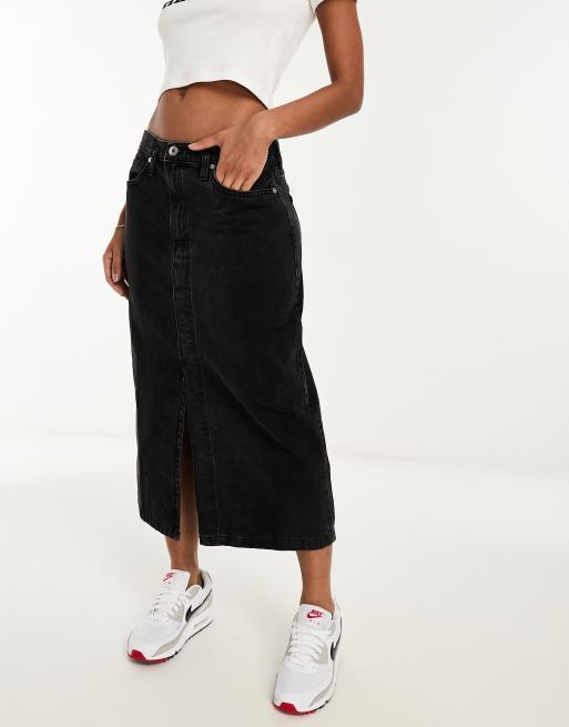 Mango front split denim midi skirt in black