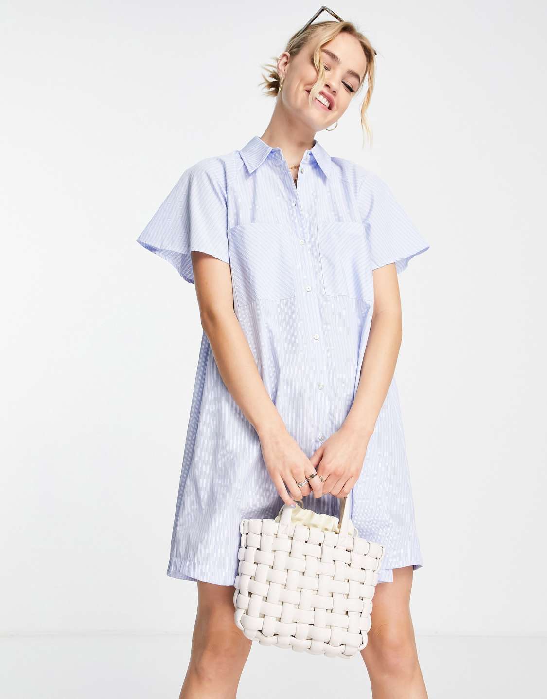 <b>Mango</b> full sleeve shirt dress in blue stripe, 1 of 4.