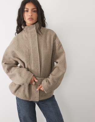Mango Funnel Neck Belted Jacket In Multi