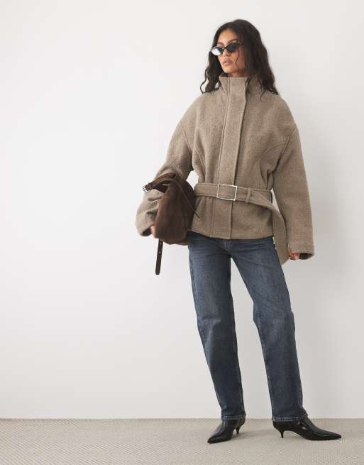 Mango funnel neck belted jacket in beige, 2 of 4