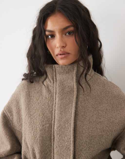 Mango funnel neck belted jacket in beige, 3 of 4