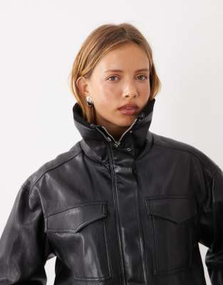 Mango Funnel Neck Cinched Waist Faux Leather Jacket In Black