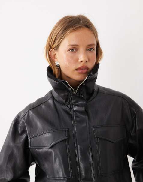Mango funnel neck cinched waist faux leather jacket in black - view 1
