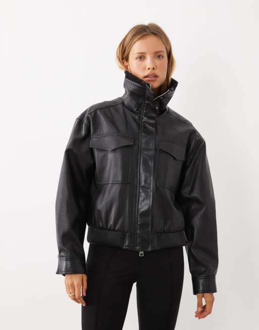 Mango funnel neck cinched waist faux leather jacket in black, 2 of 4