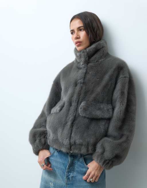 Mango funnel neck faux fur jacket in gray, 3 of 5