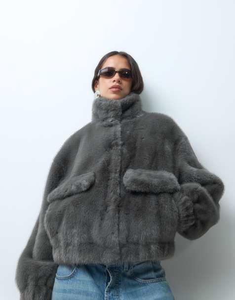 Mango funnel neck faux fur jacket in grey - view 1