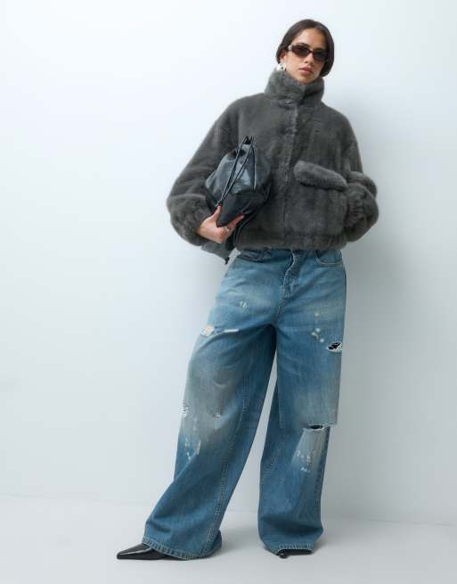 Mango funnel neck faux fur jacket in grey, 2 of 5