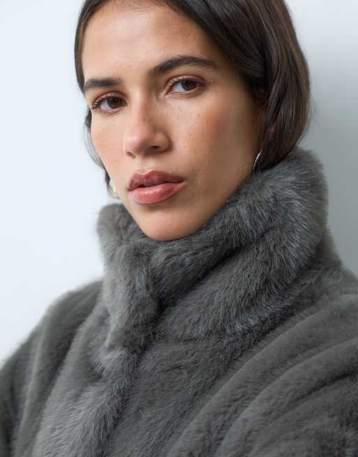 Mango funnel neck faux fur jacket in grey, 4 of 5