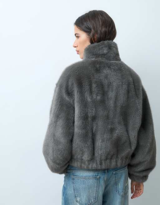 Mango funnel neck faux fur jacket in grey, 5 of 5