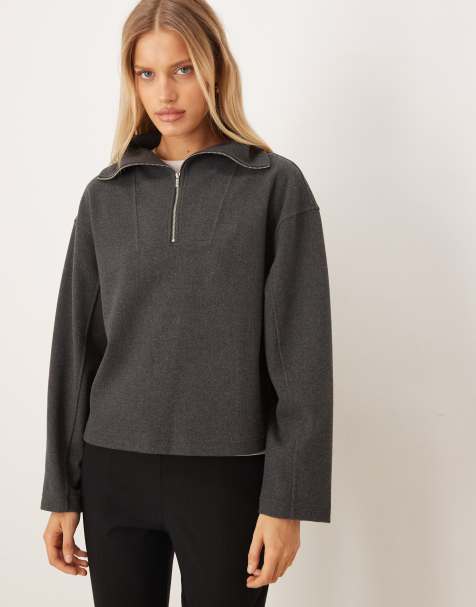Mango funnel neck half zip sweatshirt in charcoal