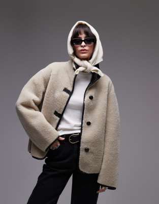 funnel neck shearling jacket in beige-White