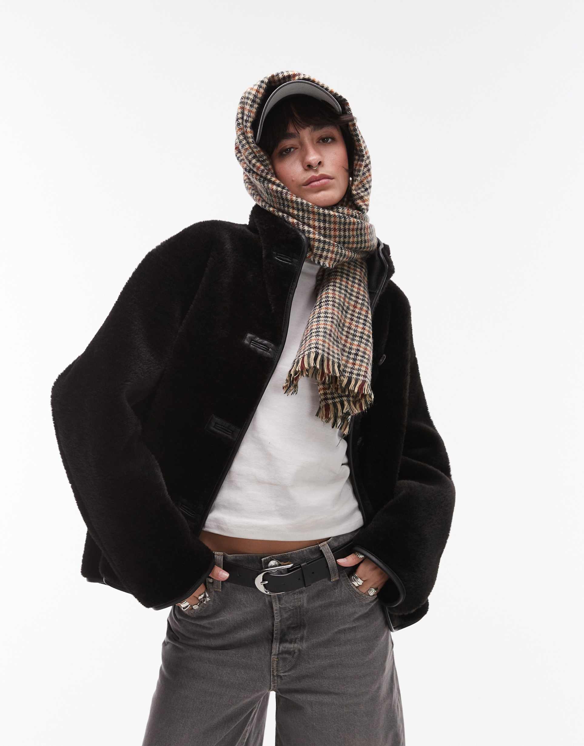 mango funnel neck shearling jacket in black