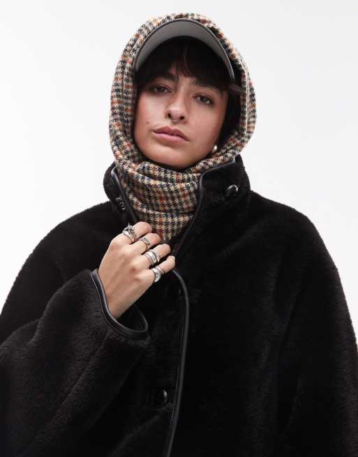 Mango funnel neck shearling jacket in black