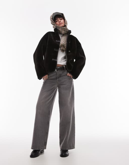 Mango funnel neck shearling jacket in black