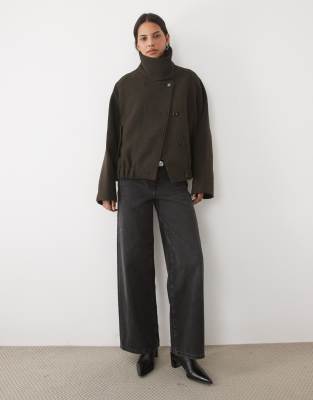 Mango Funnel Neck Short Jacket In Brown